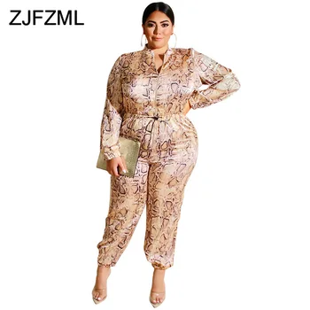 

Snake Print Long Sleeve Autumn Romper Women Turn Down Collar Sashes Slim Jumpsuits Sexy Club Party Drawstring Plus Size Playsuit