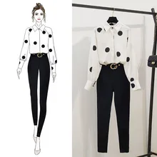 Осенний костюм женская рубашка в горошек с принтом и черные узкие брюки комплект одежды из 2 предметов Офисная Женская одежда Vestido высокое качество дизайн распродажа