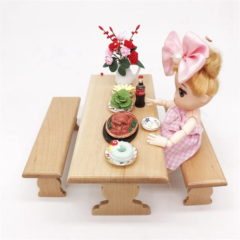 

New Arrival Kids Toys 1:12 Dollhouse Mini Wooden Long Dining Table And 2 Bench Set Furniture Parts