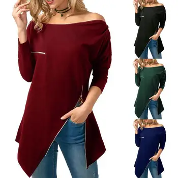

Fashion Women Off Shoulder Zipper Split Irregular Hem Long Sleeve T-Shirt Top top T-Shirt Women Casual Long Sleeves fashion Top