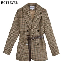 BGTEEVER – veste pied de poule Vintage, épaisse pour femme, Blazer à carreaux avec ceinture, manches longues, hiver, 2021 