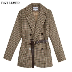 BGTEEVER Chaqueta de pata de gallo Vintage para mujer, Blazer grueso con fajas, traje a cuadros con cinturón, chaqueta de manga larga, 2021