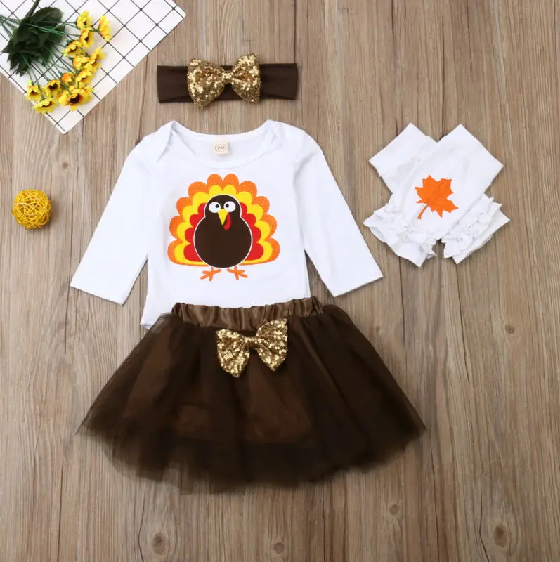

Newborn Baby Girls Thanksgiving Turkey Long Sleeve Romper Tops Party Tulle Skirt Dress Outfit Leg Warmers Girls Clothing