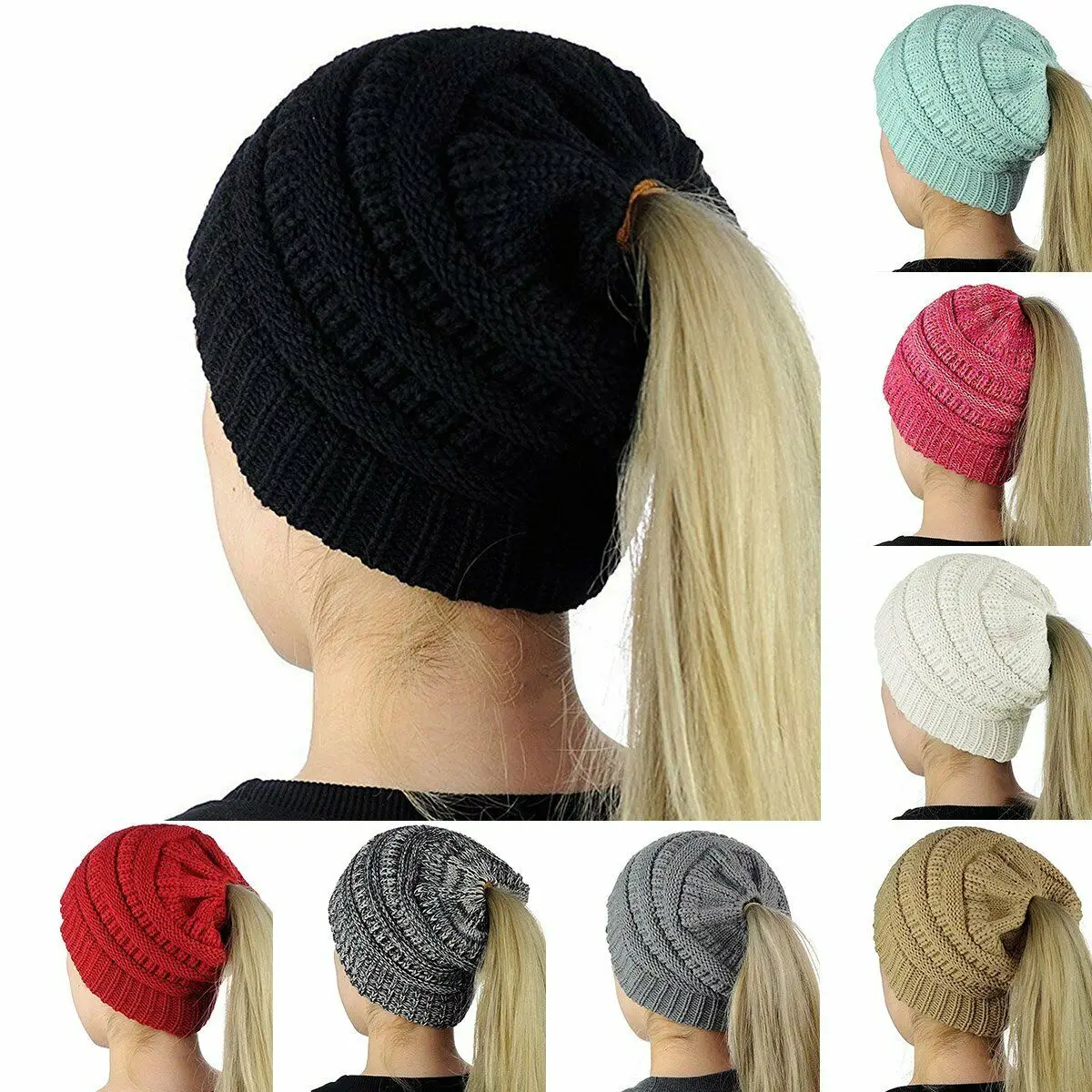 

free sale Winter Messy Bun Hat Women Hat Ladies Girl Stretch Knit Hat Messy Beautiful Bun Ponytail Beanie Warm Hats Caps
