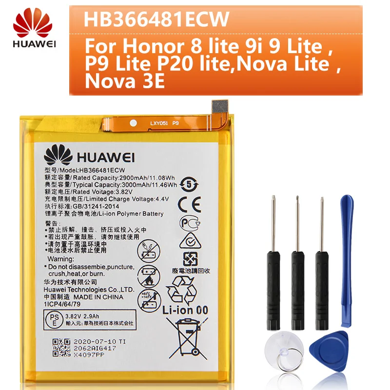 Оригинальный сменный аккумулятор для телефона Huawei Honor 8 lite 9i 9 Lite P9 Nova 3E GT3 HB366481ECW 3000