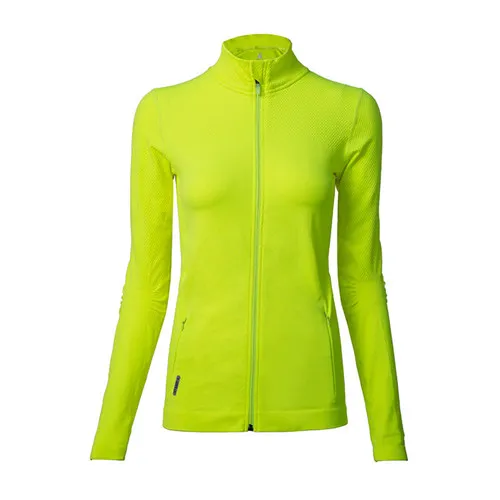 Fluorescent Green Женская Спортивная тонкая бесшовная куртка для бега спортивная одежда с длинными рукавами фитнес-Тренировка быстросохнущая эластичная уличная спортивная куртка на молнии - Цвет: Fluorescent Green
