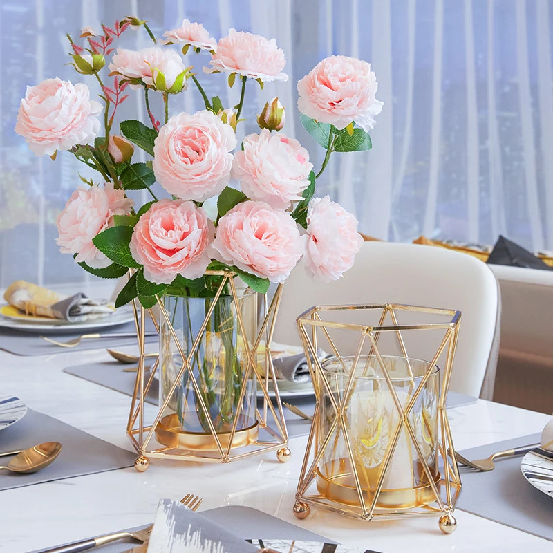 

Nordic Glass Candlestick Matching Block Candle Gold Flower Vase For Home Decoration Wedding Candelabra Centerpieces candelabro