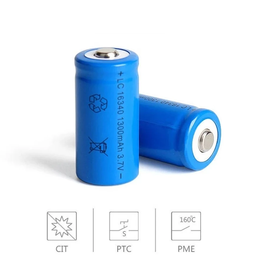 3.7V 16340 バッテリー 1300mAh 3.7V リチウムイオン充電式電池