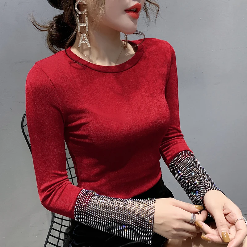 Red tshirt Корейская одежда, блестящие футболки, женские футболки, весна-осень, с длинным рукавом, в стиле пэчворк, с бриллиантами, топы, ropa mujer, джемпер T9D605 - Цвет: Red tshirt