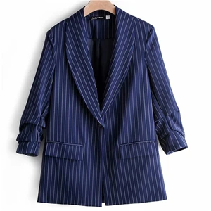 SY17 blue 256 Bazaleas Повседневный винтажный шикарный женский костюм с карманами Женский Осенний синий полосатый принт базовый Тонкий Блейзер Женское пальто Женская мода Прямая поставка - Цвет: SY17 blue 256