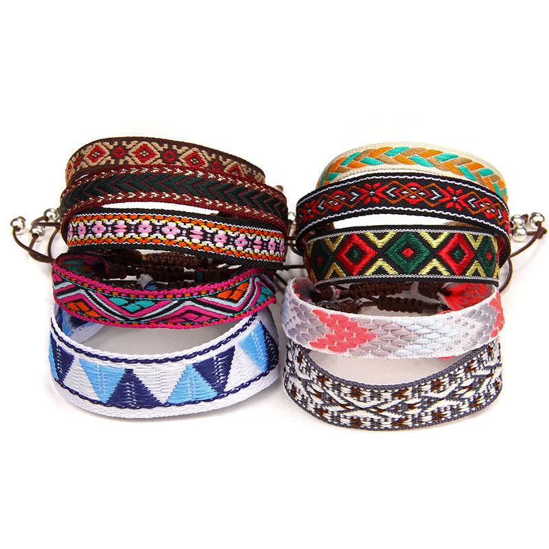 Bohemia Style Cotton Weave Fabric Bracelets For Women Men Handmade Braided Bracelet Pattern Logo Embroidery Boho Ethnic Jewelry |