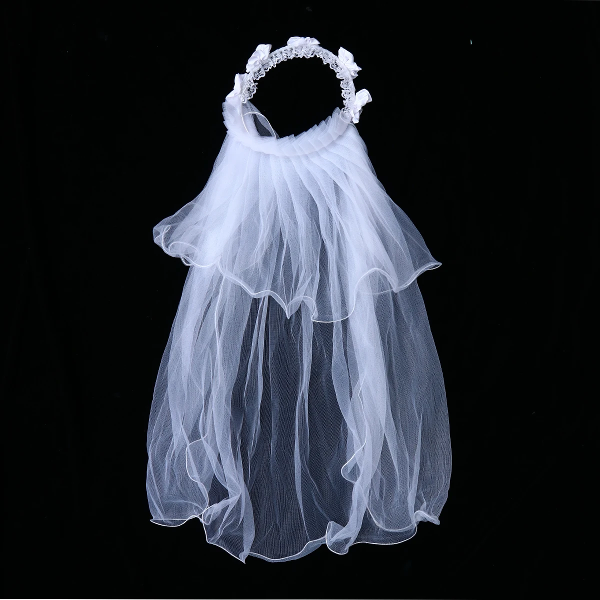 

White Bridal Children Headdress Wedding Flower Girl Headdress Wreath Veil with Big Bowknot Hair Accessories Party Decorations
