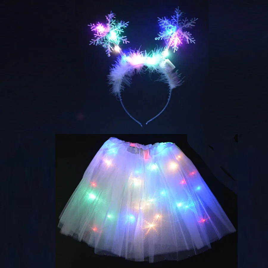 Неоновые вечерние светодиодный обруч для волос с перьями и снежинками, светодиодный светильник, юбка-пачка, светящаяся Рождественская декорация, год