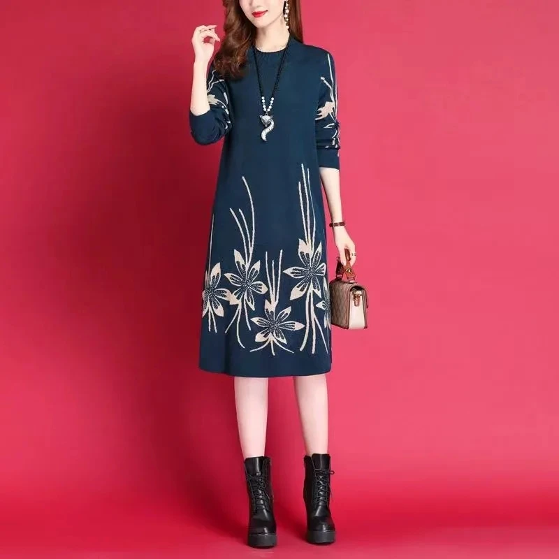 

High-End Round Neck Knitted Dress Women's Autumn Winter 2022 New Printing Loose Pullover Sweater Dress Spring Pullover Red