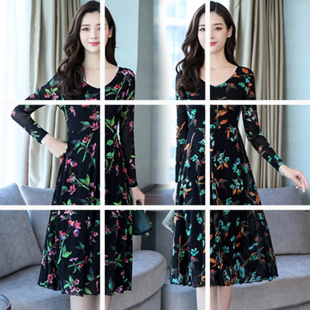 

Autumn Dress Women's 2019 New Style Korean-style Slim Fit Elegant Long Printed Waist Hugging Big Hemline Middle-aged Skirt