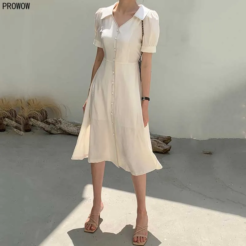Korean Chic French Slim Women Dress 2020 Summer New Retro Chiffon Lapel Puff Sleeve Midi Dress Ladies Elegant Party White Dress