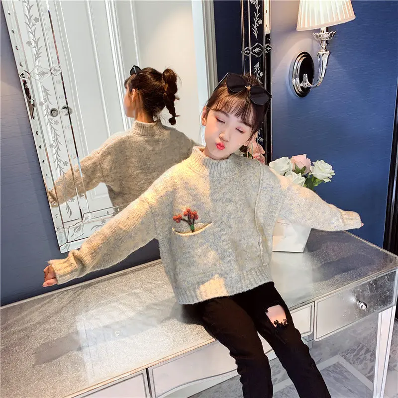 

Girl Winter Outwear Floral Sweater Clothing Pullover Knitted Sweater Pure Color Long Sleeve Autumn Winter Pretty Girls Sweater