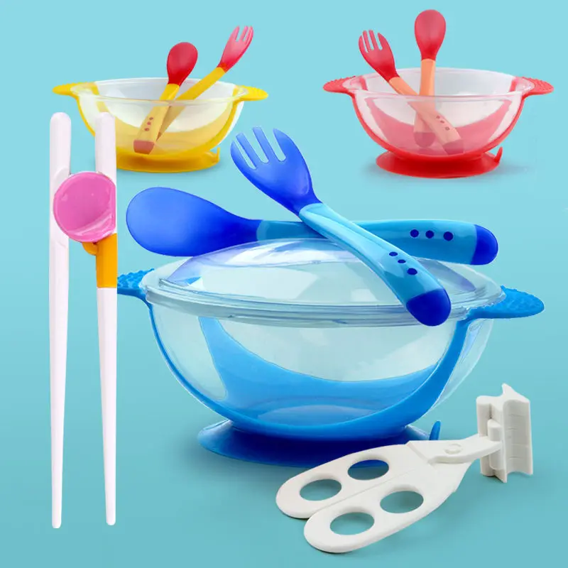 

Shatter-resistant Silica Gel Sucker Bowl Temperature Soft Spoon Fork Tableware Set Baby Infant Grinding Bowl Chopsticks Pinny Fo