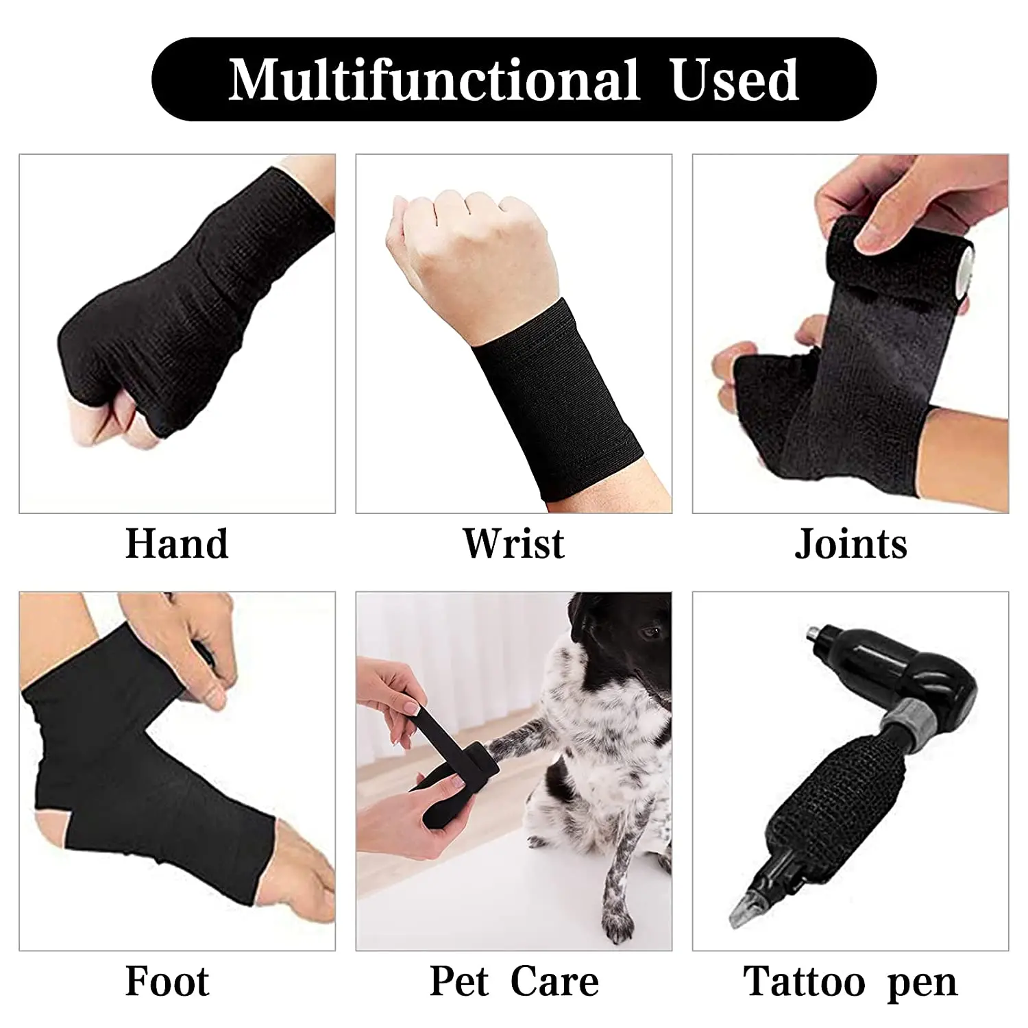 Athletic Bandage Tattoo Grip Cover 48/24/12/6/3/2pcs Black Tattoo Grip Tape Self-adhesive Elastic Wraps