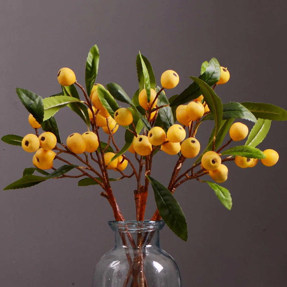 61cm Long 6PCS Artificial Loquat Fruit Branch Fake Fruits Faux Flowes Plastic Green Leaf Home Decor Office Garden Decorations