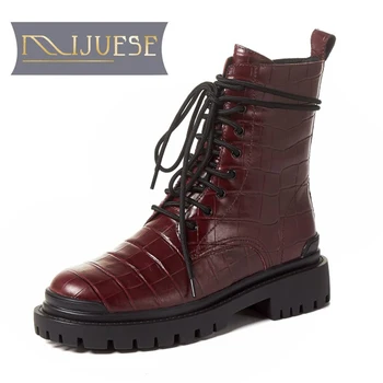 

MLJUESE 2021 women ankle boots soft Cow leather winter short plush lace up round toe high heels equestrian boots party dress