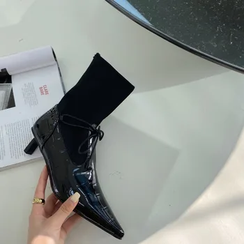 

Stretch Boots Woman Pointed Toe Short Boots Slip On Cross Tied Thin Mid Heels Simple Boots Woman Black Ankle Boots Woman Size 39