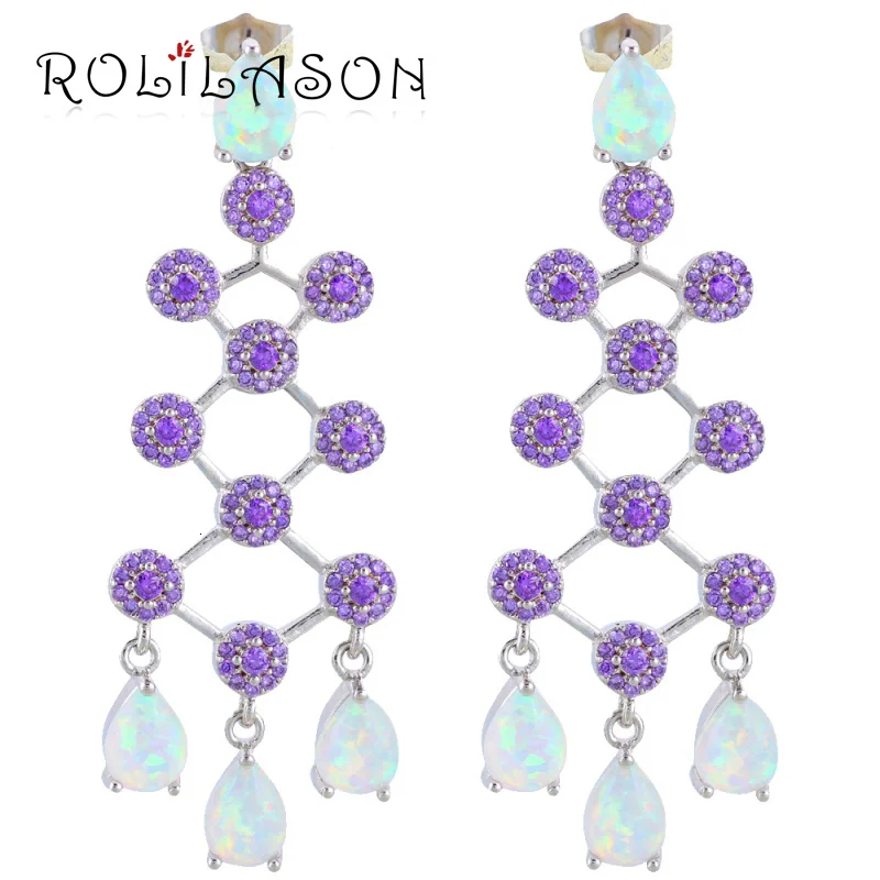 

ROLILASON Precious Dangle Earrings for Women White Fire Opal 925 Silver Health Purple Zircon Fashion Jewelry OES617