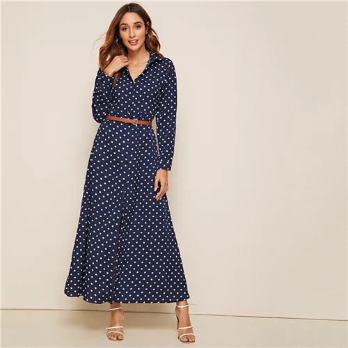 SHEIN Navy Polka Dot Print Buttoned Shirt Maxi Dress With Belted Women Autumn Long Sleeve Shift High Waist Casual Dresses - Цвет: Navy