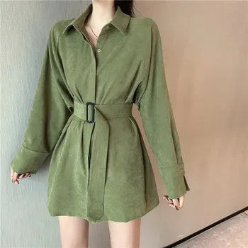 

loose long shirts women autumn clothing lady long sleeve long army green shirts female loose band waist blouses tops
