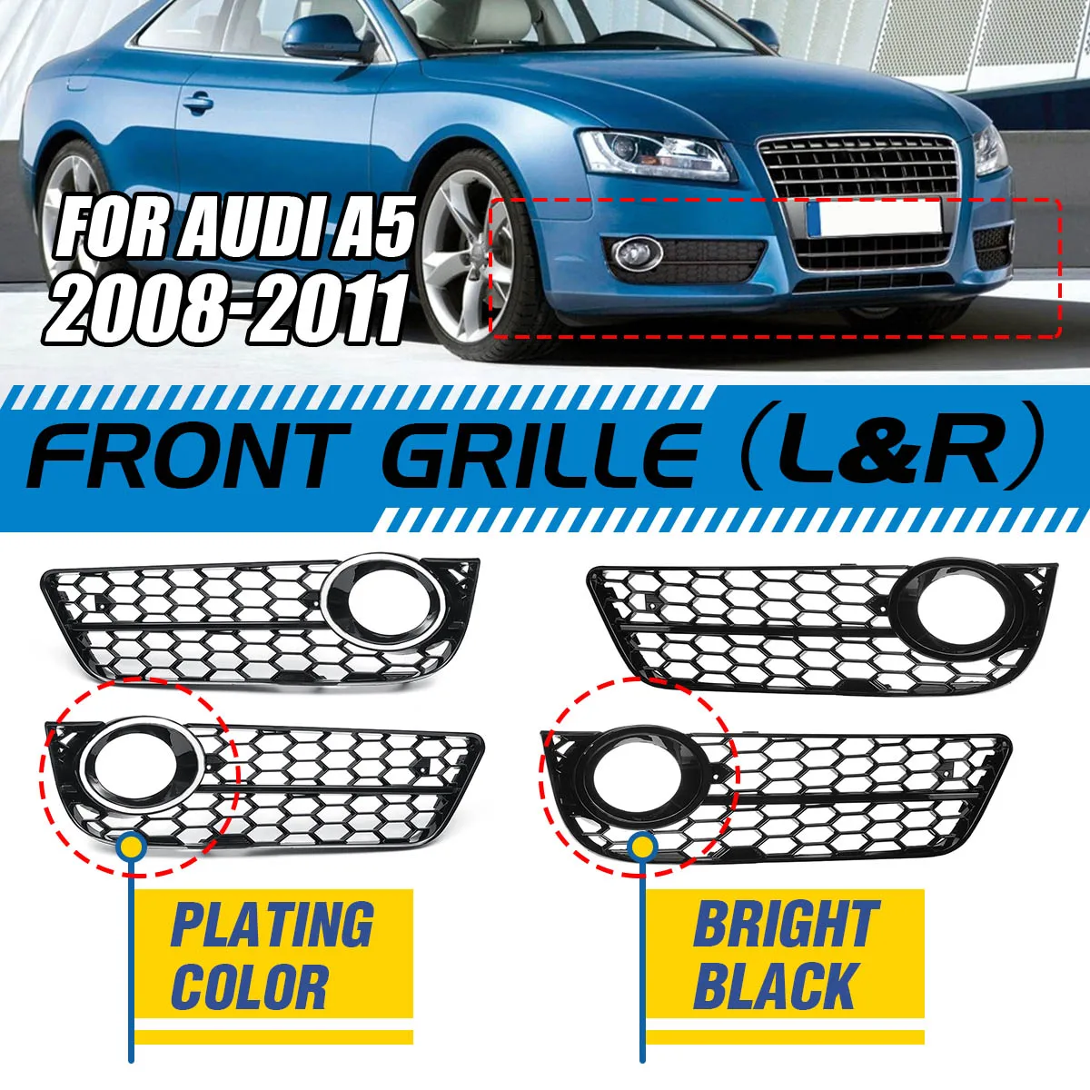 

2PCS Car Front Bumper Fog Light Lamp Grille Grill Cover Mesh Honeycomb Hex For Audi A5 Coupe/Sportback 2008-11 Cabriolet 2010-11