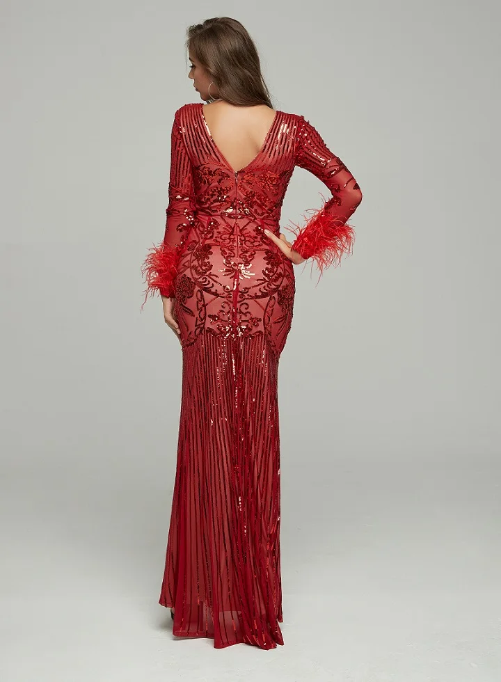 High Quality Sequined Long Dress Celebrity Sexy Long Sleeve Vitnage Evneing Party Dresses Elegant