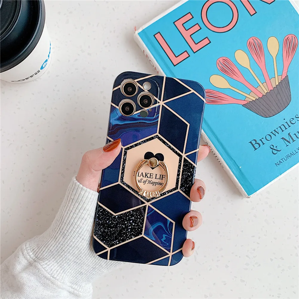 iphone leather case Geometric Marble Phone Case For iPhone 12 Mini 11 Pro Max XS Max X XR 8 7 Plus SE 2020 Case Cover Ring Kickstand Silicone Shells wooden phone cases Cases For iPhone