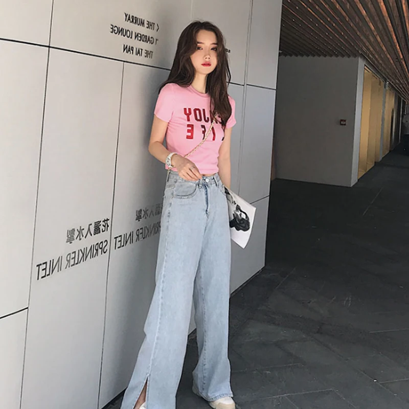 

High Street Women Jeans Casual straight leg jeans Summer New High Waist Loose Fitting Light Blue Wide Leg Female Pants Stylish