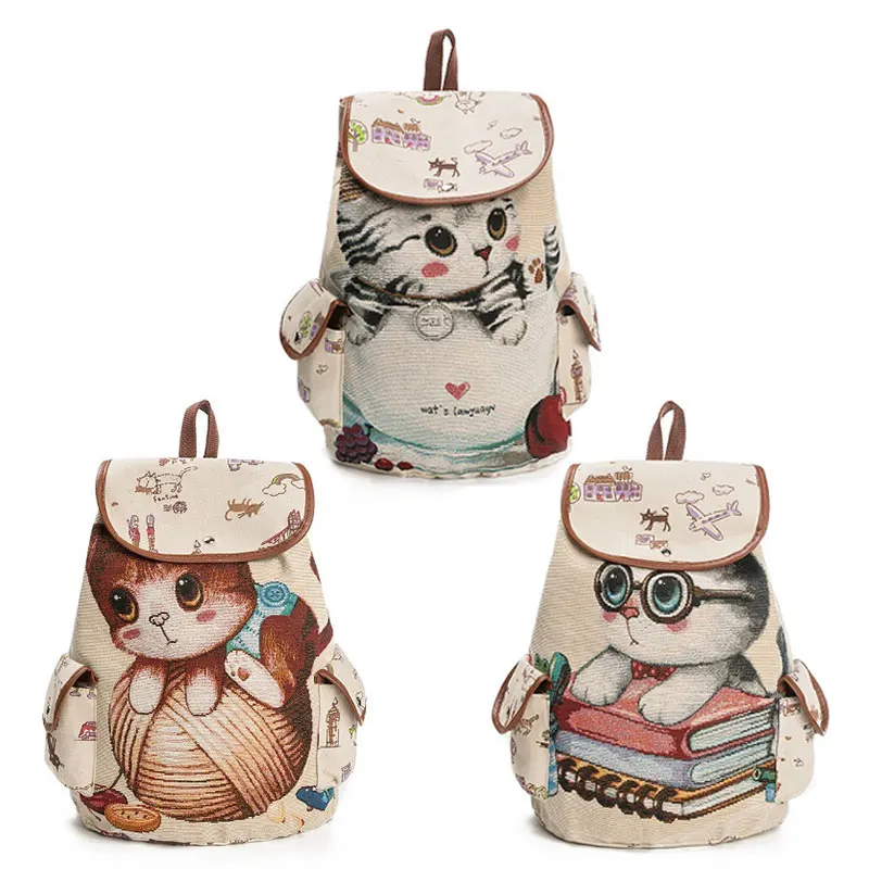 School-Backpack Canvas Women Fashion Teenage Girls Cute for Wholesale Cat