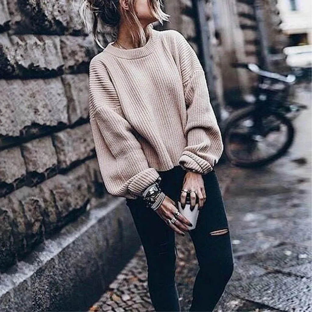 

O-neck Solid Color Lantern Pullover Sweater Woman Autumn Winter Long Sleeve ropa mujer invierno 2019 robe pull femme hiver