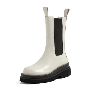 

Fashion genuine leather boots women thick sole Chelsea Boots British style winter platform ankle boots large Size 33-43