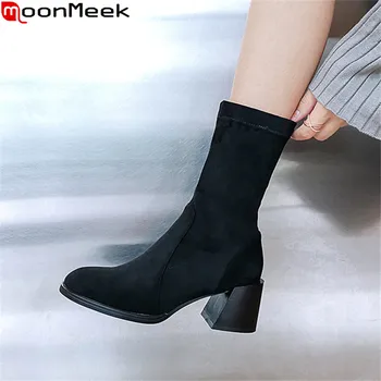 

MoonMeek 2020 plus size 33-42 winter keep warm women boots thick high heels round toe ladies shoes black color ankle boots
