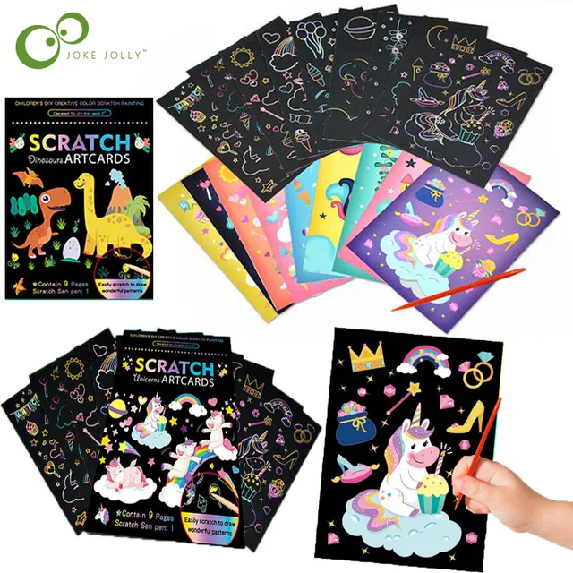 1Set Magic Color Rainbow Dinosaur  Cartoon Scratch Art Painting Paper Card Kit Drawing Stick Kids DIY Drawing Toys 1