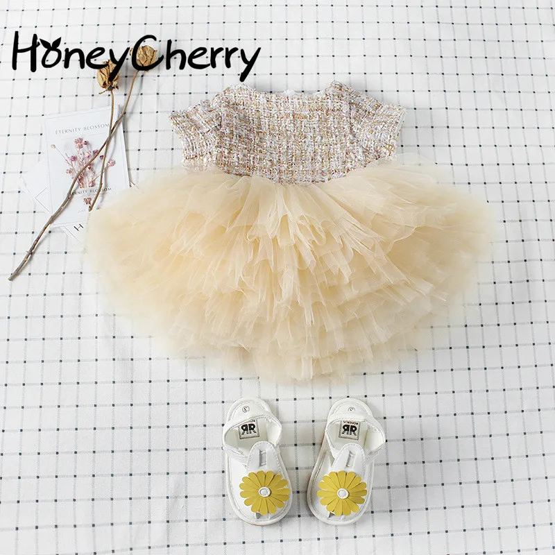 HoneyCherry Girl Evening Dress Woolen Mosaic Cake Female Baby Girls Dresses For Party And Wedding Clothes | Детская одежда и обувь