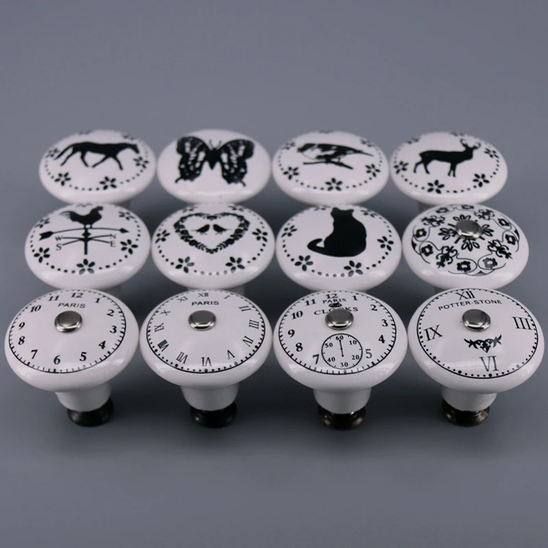 

1x Lovely Clock/Animal Print Ceramic Door Knob Furniture Handle Drawer Cupboard Kitchen Cabinet Pull Handle Fit for Kids' room