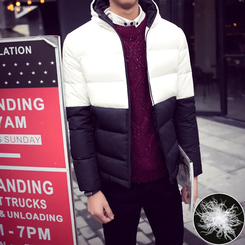 Korean-style Slim Fit Men 90% White Duck down Hooded down Jacket Mixed Colors Thick Warm down Jacket Plus-sized