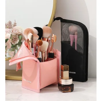 

Portable Cosmetic Bag Storage Bag Sheer Mesh Parchwork Toiletry Bag Makeup Tool Storage Purch With Handle Black Pink 2 Colors