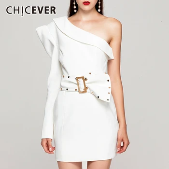 

CHICEVER Patchwork Rivet Irregular Dresses For Female Asymmetrical Collar Puff Sleeve One Shoulder Dress Women Fashion 2020 New