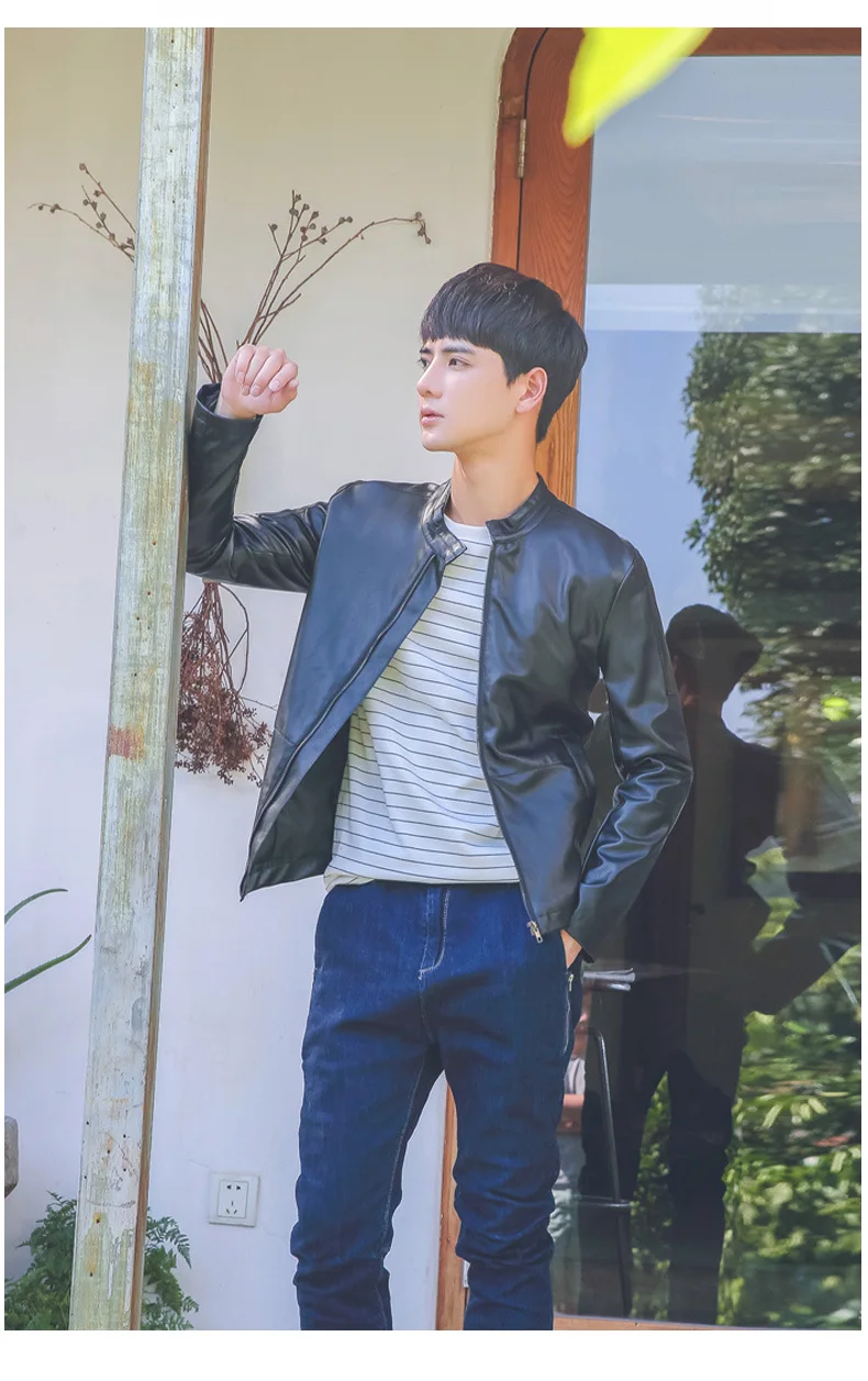 Spring New Style Men-Style Stand Collar Joint Slim Fit Leather Coat Men's Fashion Leather Jacket Coat