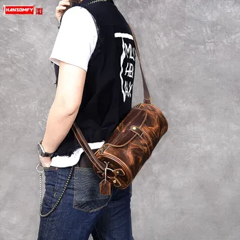 

Vintage Distressed Leather Men's Bag Small Messenger Bag Male Genuine Leather Shoulder Bucket Bag Men Crossbody Bags Soft Zipper