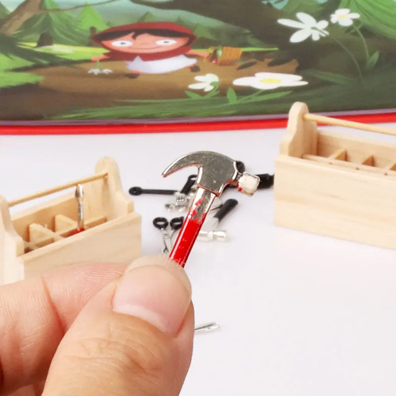 1/12 Mini Repair Tools Hammer Wrench Wooden Toolbox Doll Furniture Model for Miniature Dollhouse Accessoreis Boy Play Tool Games 4