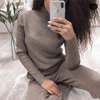

2020 High qualitySweater Sets Women Turtleneck Long Sleeve ripple Knitted Sweaters + Lace-up Pants Two Piece Set Winter clothes
