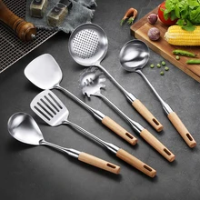 Кухонная утварь из нержавеющей стали с деревянной ручкой, инструменты для приготовления пищи, лопатка для супа, ложка, лопата, кухонная утварь, кухонная посуда Cozinha