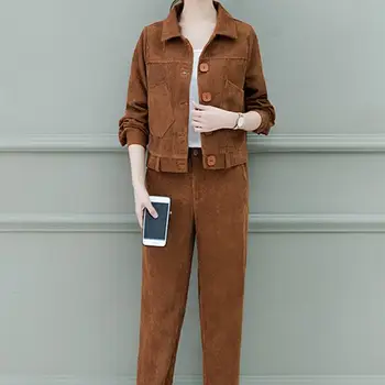 

Autumn Pockets Single Breasted Solid Suits Slim Short Tops And Long Pants 2 Piece Sets Women Simple Sets