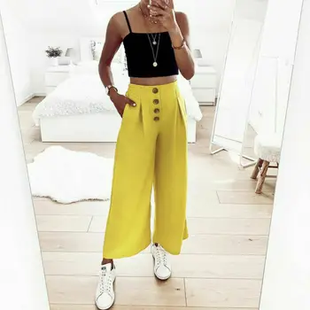 

Women Fashion High Waist Button Pants Summer Casual Baggy Loose Trousers Womens High Waist Button Pants Baggy Loose Trousers